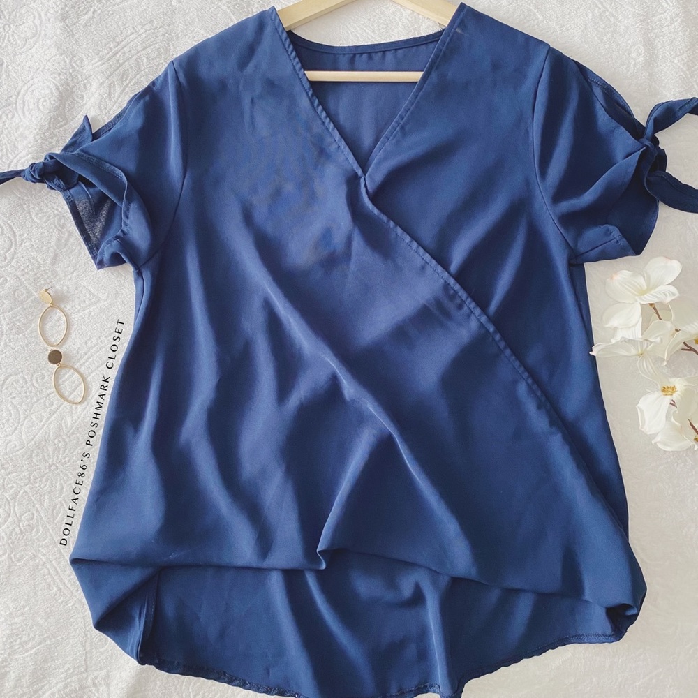Dark Blue Tied Sleeve Surplice Blouse